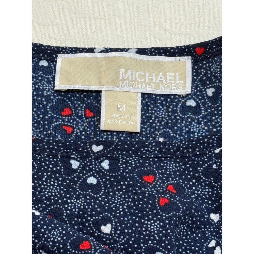Michael Kors Women's Top Size M Navy Blue Heart Print 3/4 Bell Sleeve Tie Front - Picture 3 of 7